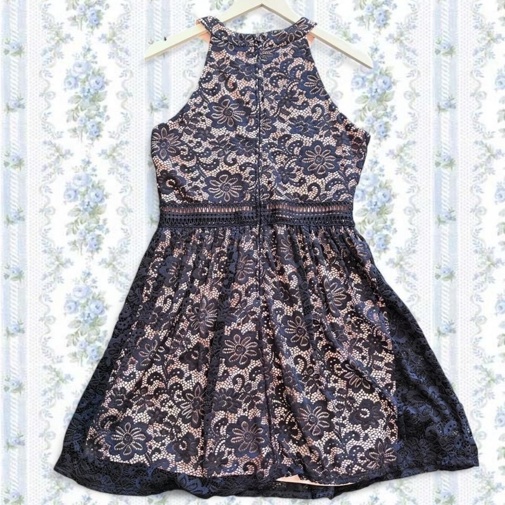 By & By Women's Size 13 Navy Blue Halter Top Midi Lace Dress with Nude Lining - Picture 3 of 4